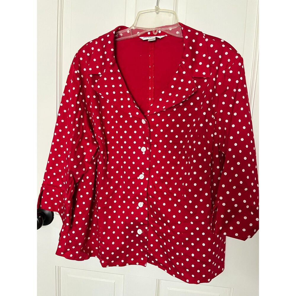 Pendleton Plus 2X Red White Polka Dot Button Front Blouse Cotton Stretch